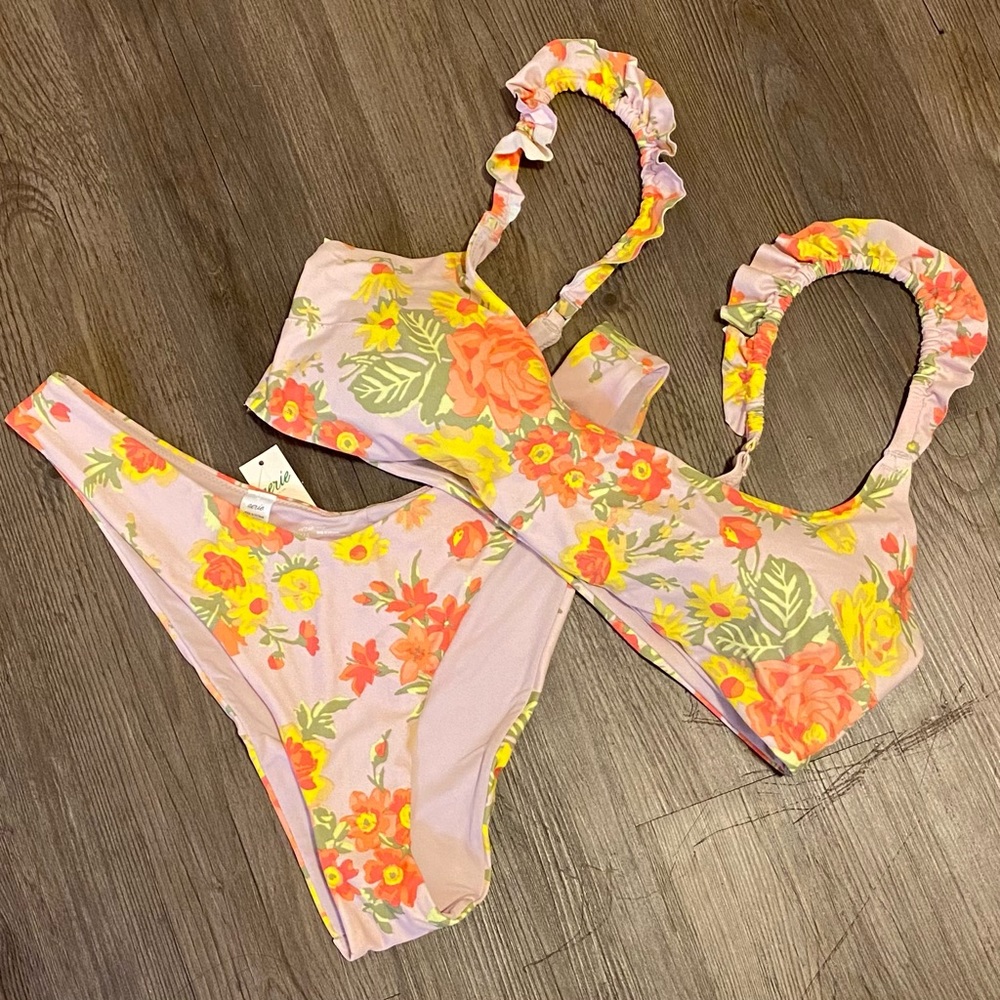 aerie nwt ruffle floral scoop neck bikini set large top and bottom pink